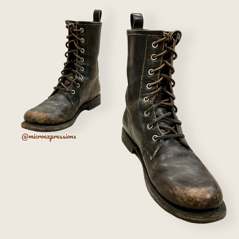 Frye Veronica Combat Distress Black Brown Tumbled Leather Laced Combat AnkleBoot - Picture 14 of 14